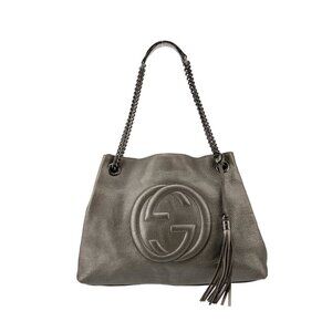 Gucci Soho Interlocking GG Tote Shoulder Bag Purse Womens Gray Leather Tassel